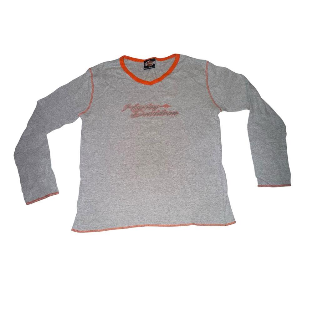 Harley-Davidson Women’s Gray Long Sleeve V-Neck T Shirt Orange Trim Tacoma WA LG - Picture 2 of 10